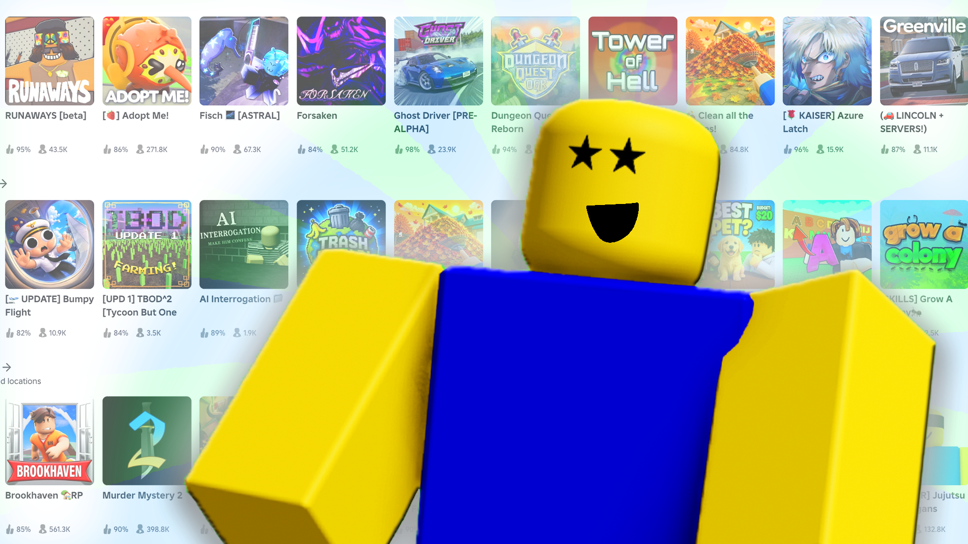 A classic yellow, blue, and green Roblox noob character standing in front of a grid of various Roblox game thumbnails.
