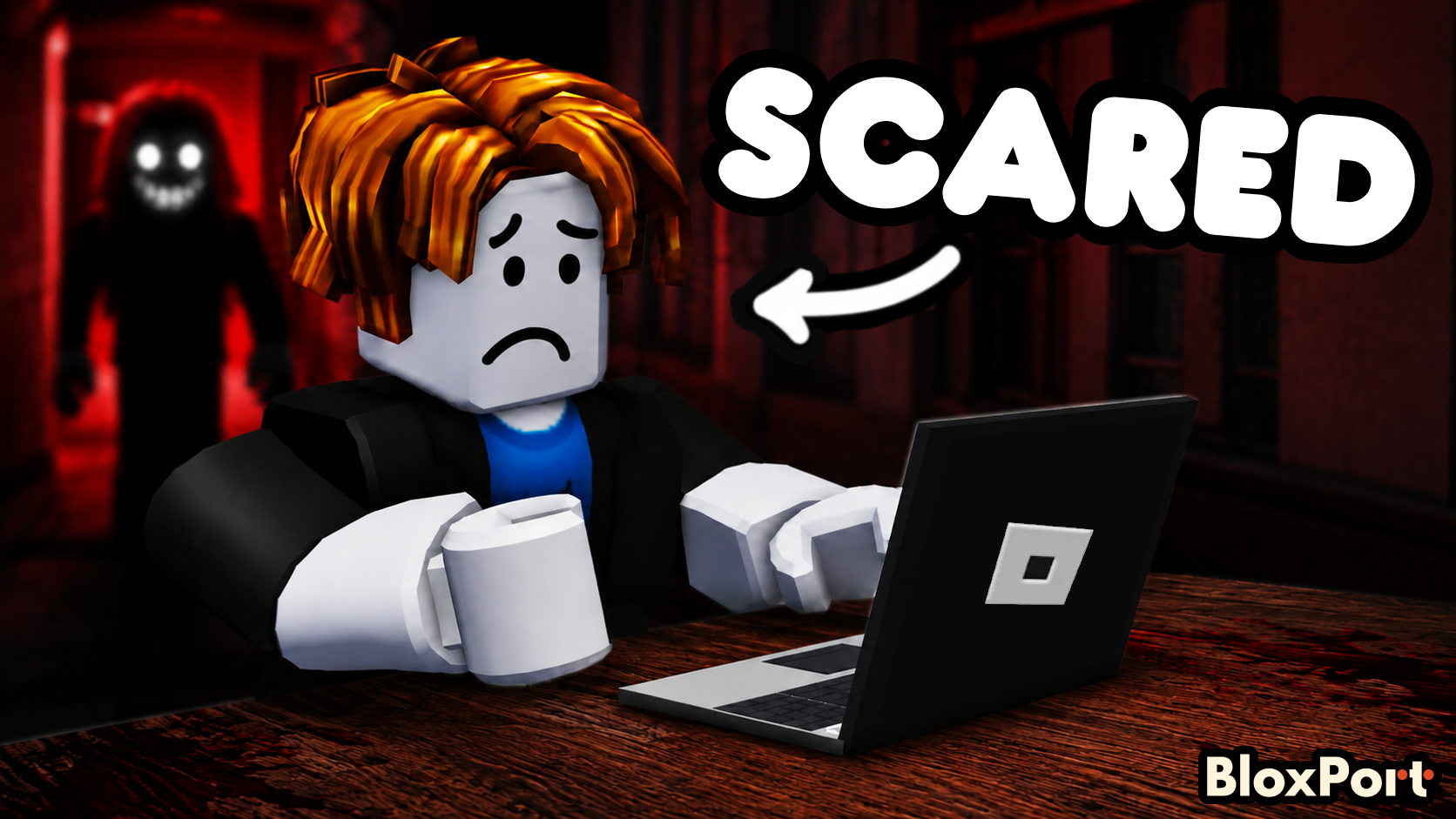 A Roblox player sitting at his laptop, scared playing a Roblox horror game.