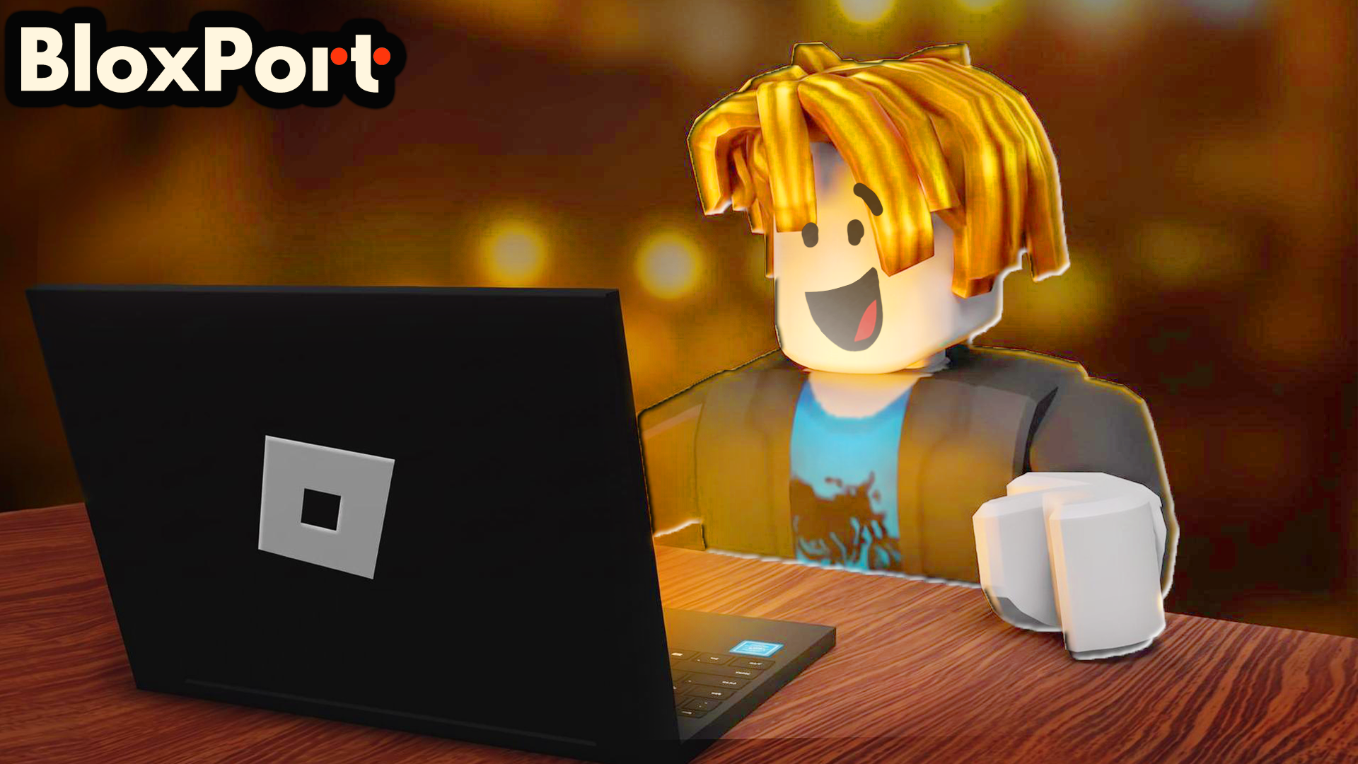 A Roblox player sitting at his laptop, excited playing a Roblox game.